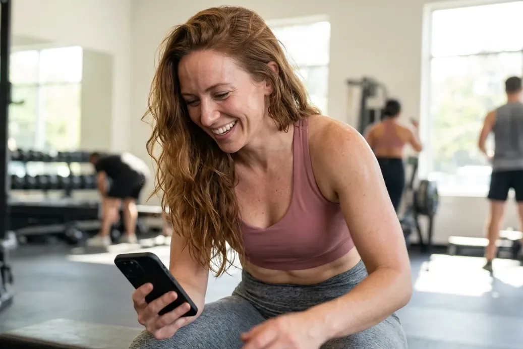 A smiling woman with long auburn hair in a sports bra and leggings grins at her phone on a gym bench after a workout (AI-generated image)