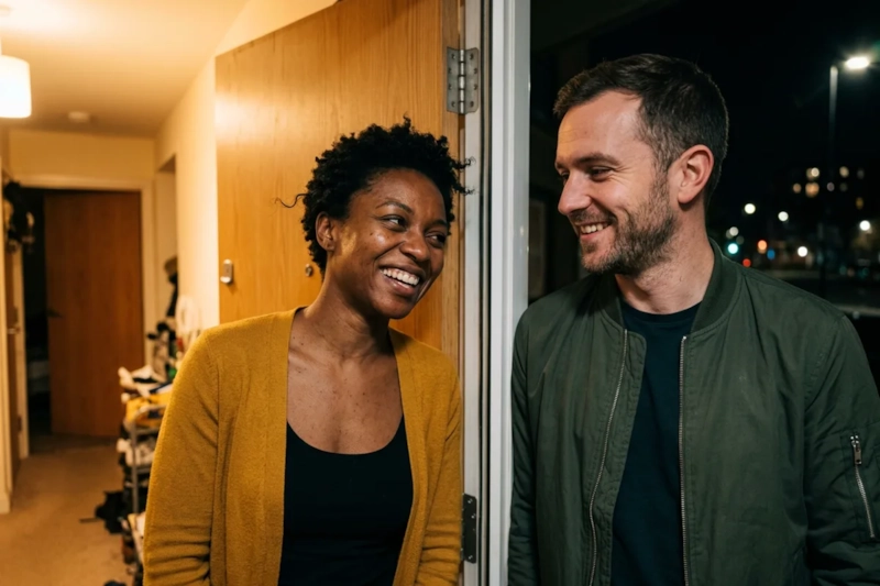A woman with short black curls in a mustard cardigan leans laughing against the door frame of her flat late at night while a man in a dark green bomber jacket grins at her from the hallway (AI-generated image)