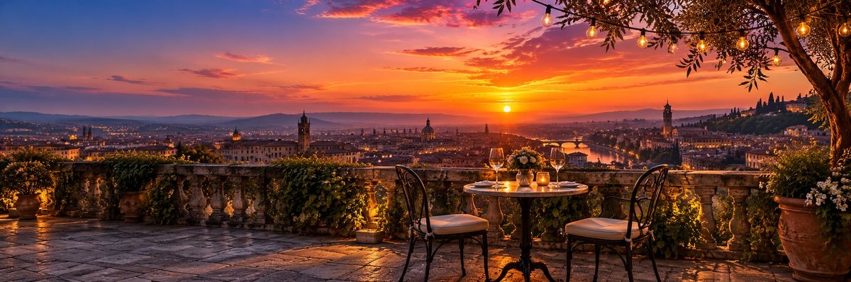 A table set for two on a terrace overlooking a city at sunset