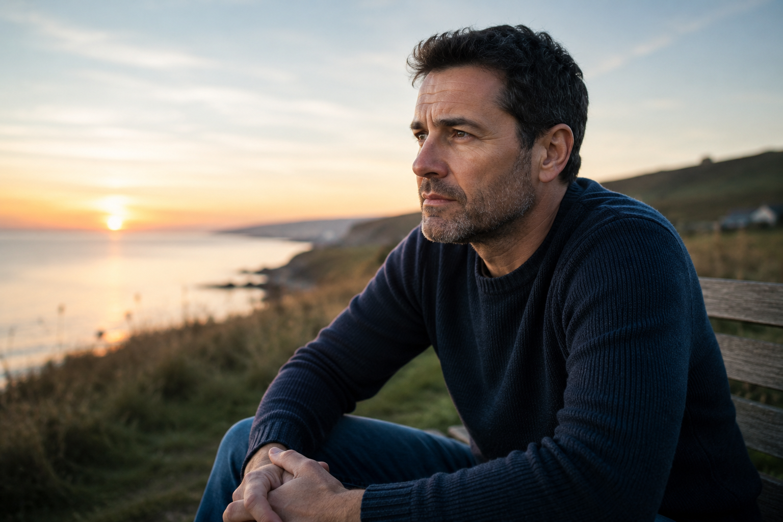 A man sits on a bench overlooking the coast at sunrise, hands clasped, looking out at the horizon in quiet reflection