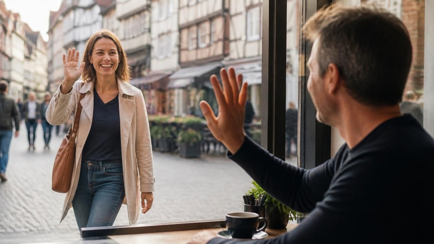 A woman waving hello as she arrives at a café, with a man waving back from the window
