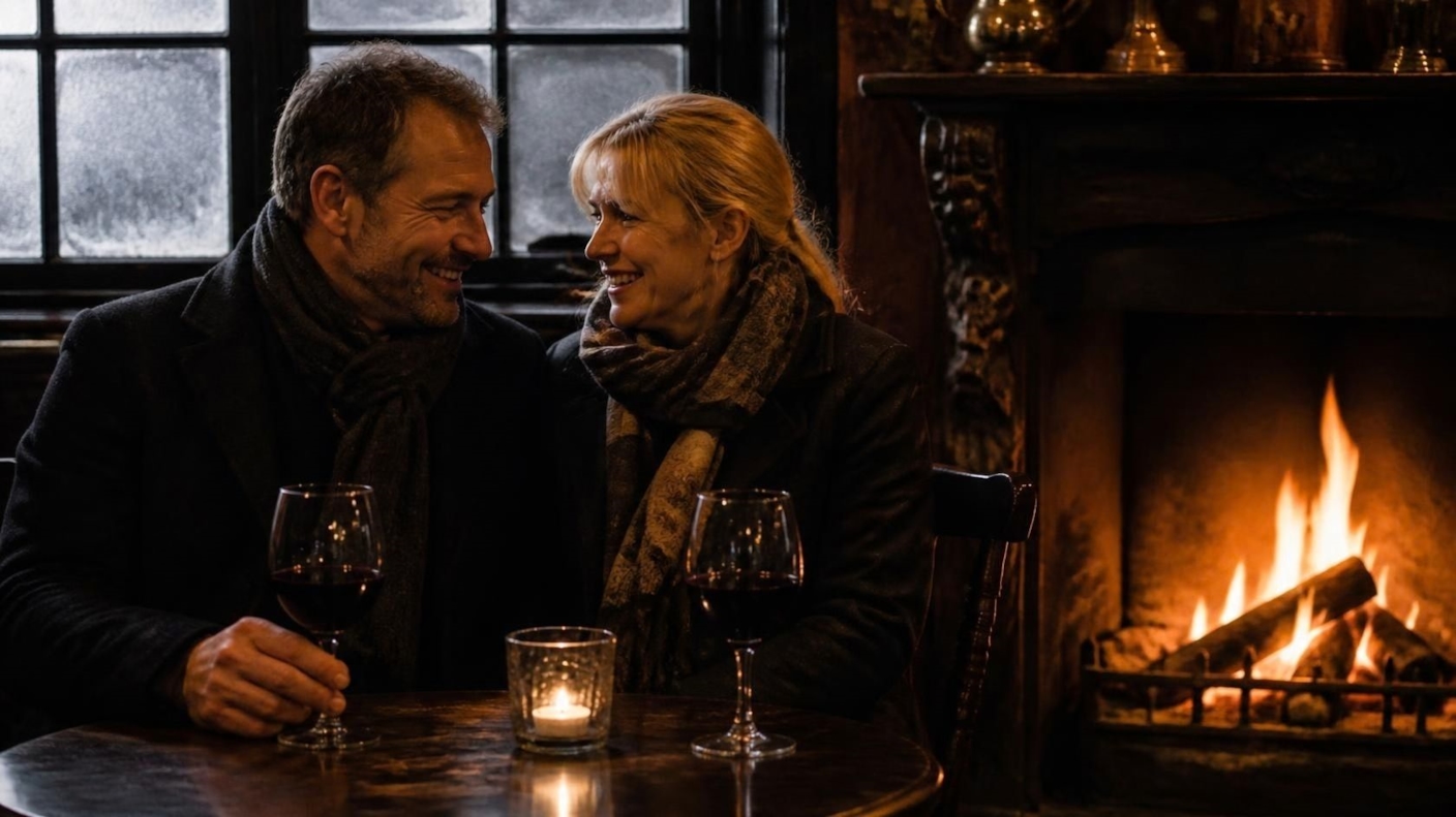 A couple smiling over glasses of red wine beside an open fire in a cosy pub on a winter evening