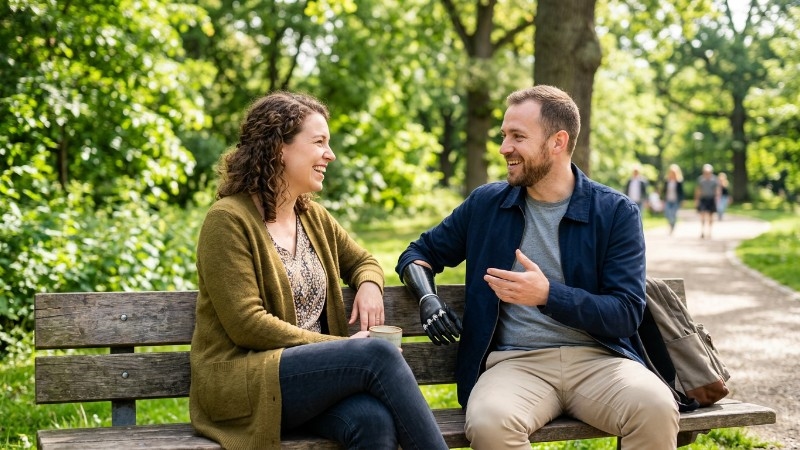 Two people having a warm conversation on a park bench