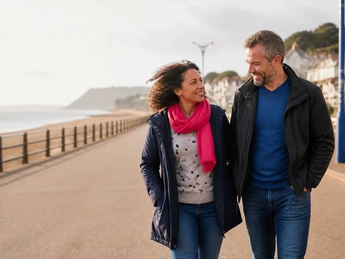 A single Mum and Dad laughing together on a breezy seaside promenade