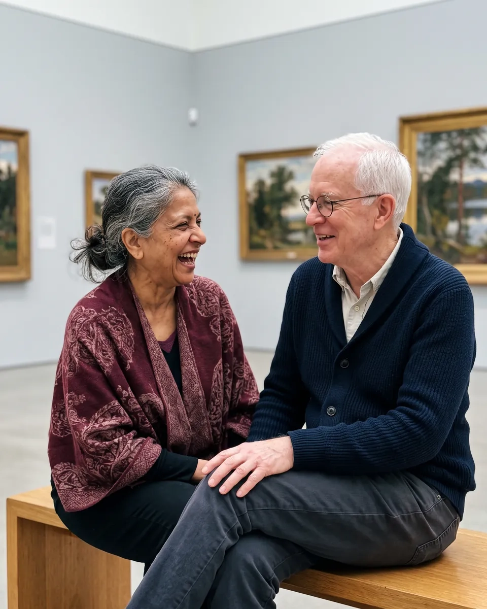 A woman in her mid sixties in a burgundy wrap laughs with a man in his late sixties in glasses on a bench in a gallery hung with landscape paintings (AI-generated image)