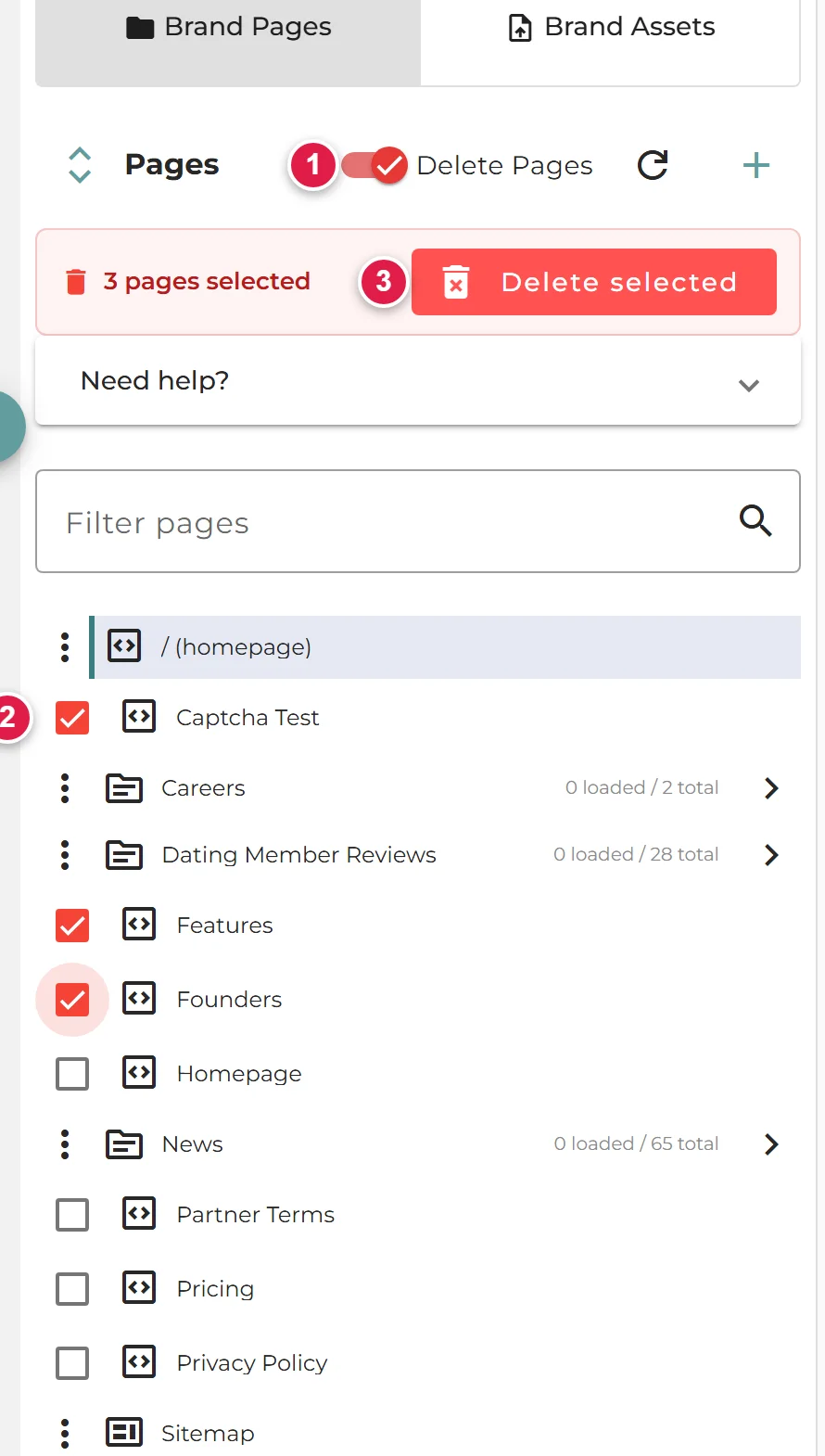 The page browser in Delete Pages mode. A Delete Pages toggle is on, a red bar reads 3 pages selected with a Delete selected button, and tick boxes appear next to deletable pages while the homepage and folders show a three-dots menu instead.