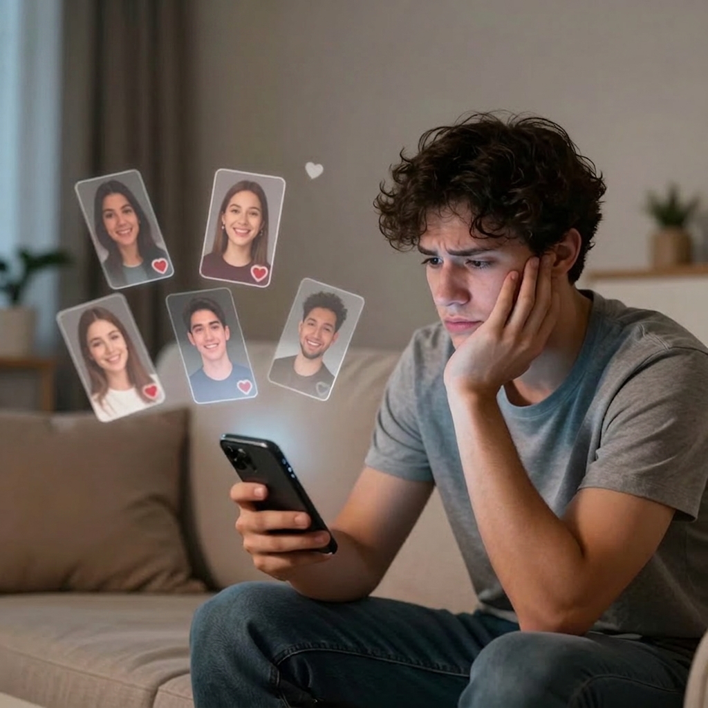 A young man looks at his phone with a furrowed brow while illustrated profile photo cards float above him