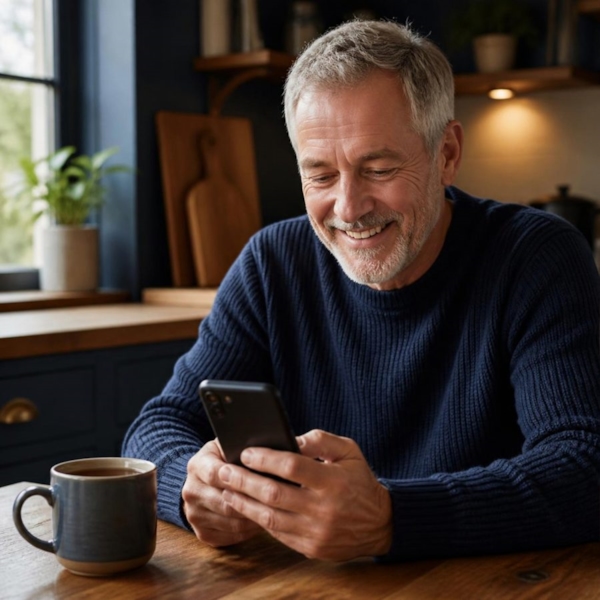 A man in his late 50s smiling at his phone at a kitchen table with a mug of tea