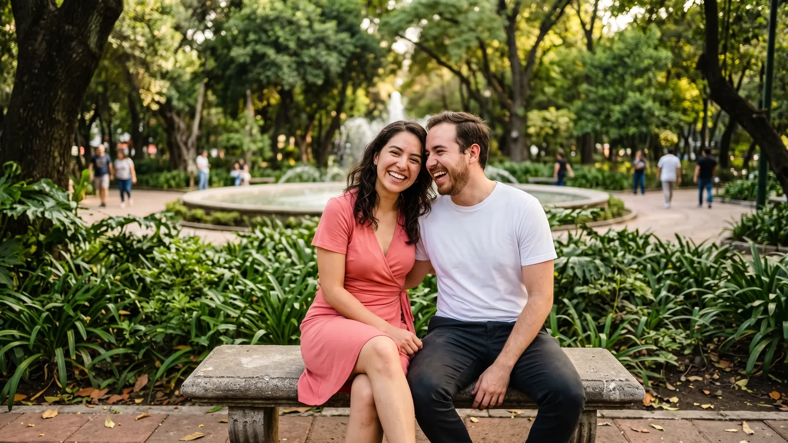 Una pareja sentada muy junta en una banca del Parque México, en la Condesa, riéndose al atardecer entre árboles y una fuente (imagen generada por IA)