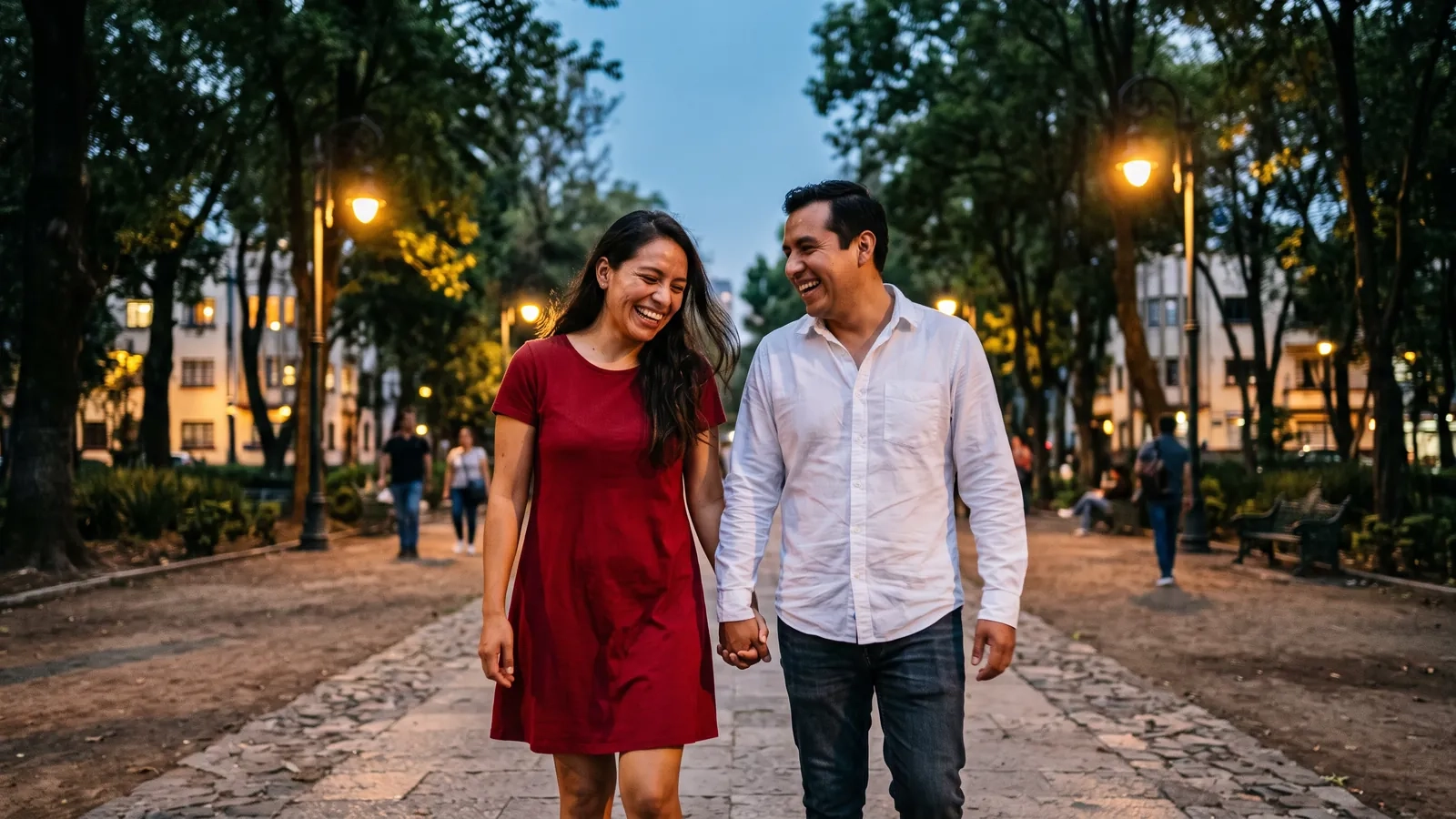 Una pareja camina de la mano y se ríe por un paseo arbolado del Parque México en la Condesa al anochecer, entre faroles encendidos (imagen generada por IA)