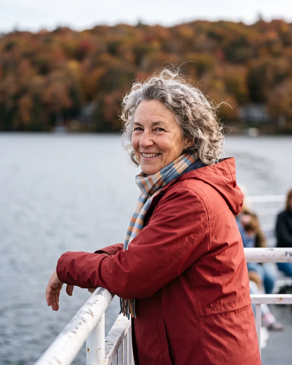 A woman in her mid sixties with curly grey hair and a red jacket smiles over her shoulder at the railing of a ferry, with an autumn shoreline behind her (AI-generated image)