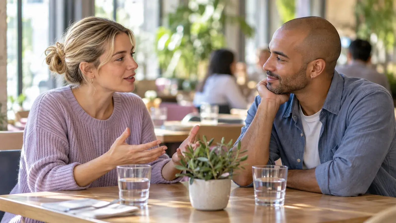 Dos personas adultas conversan con calma en la mesa de un restaurante luminoso con dos vasos de agua