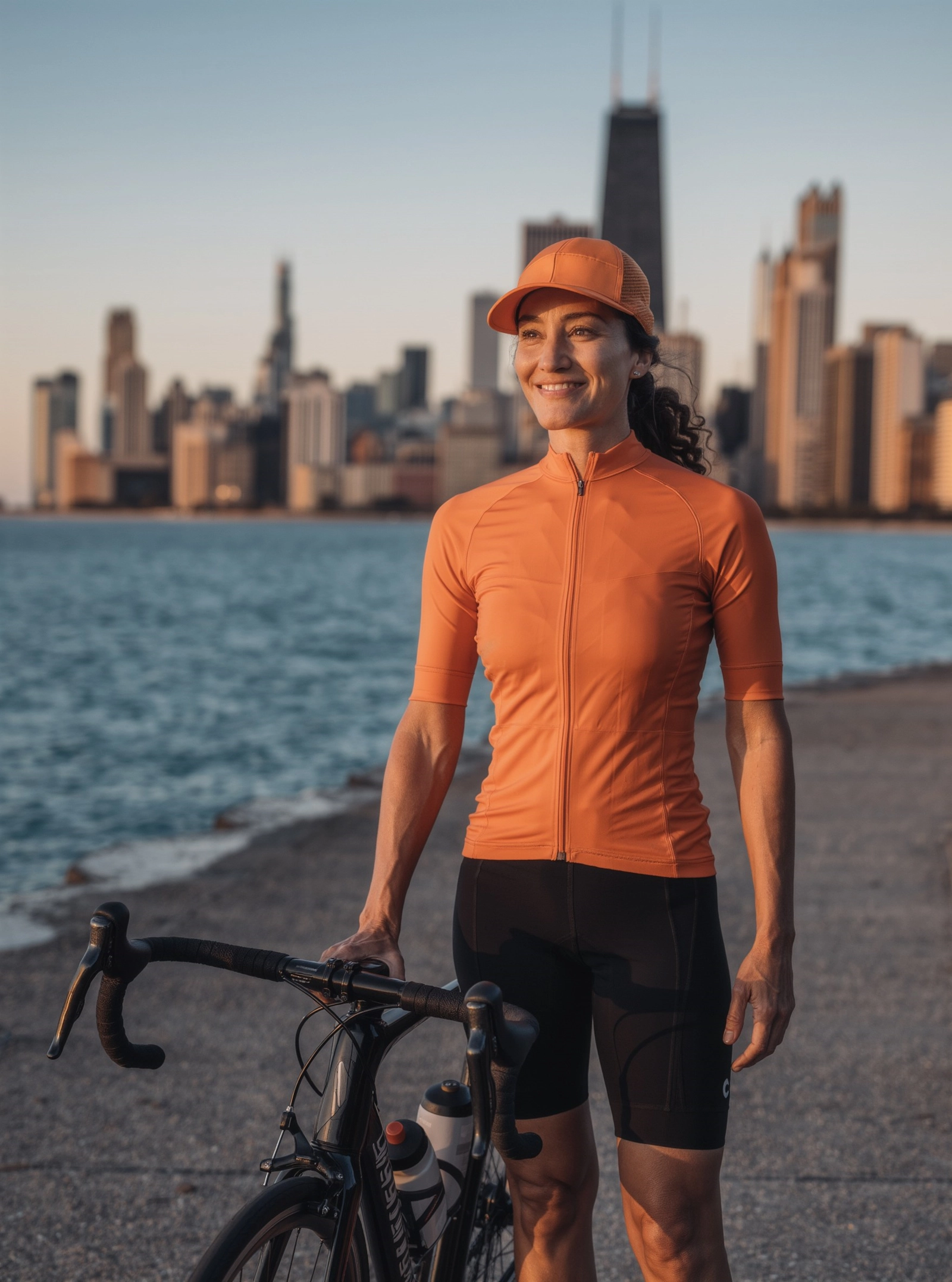 A smiling woman in an orange cycling jersey and cap standing beside her road bike on the lakefront, the Chicago skyline behind her