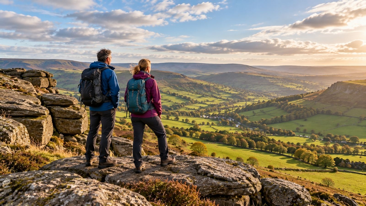 Two walkers on a gritstone edge in the Peak District looking out over a wide green valley