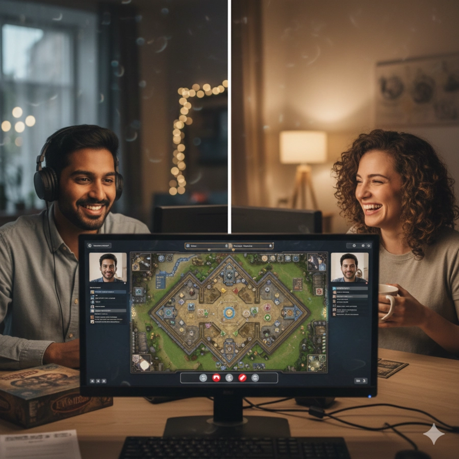 Two people playing board games together via video call