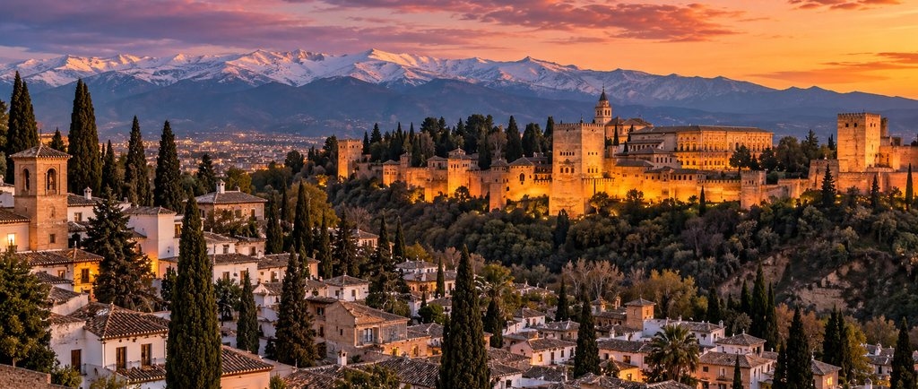 El Albaicín de Granada con la Alhambra y Sierra Nevada al atardecer — citas lesbianas en Granada