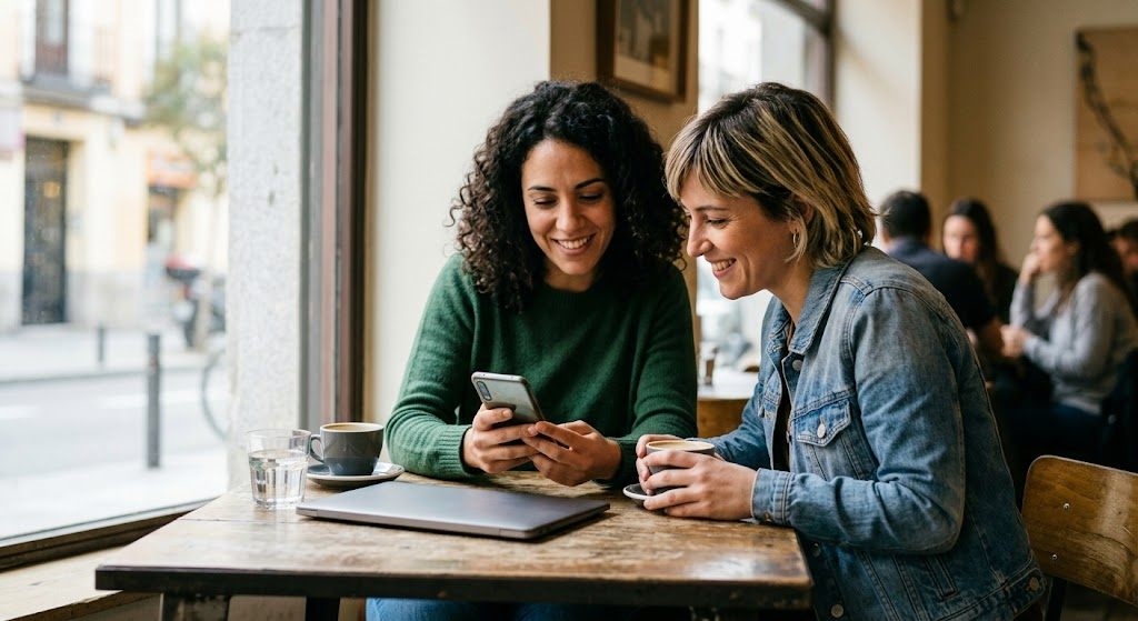 Dos mujeres charlando y mirando el móvil en una cafetería