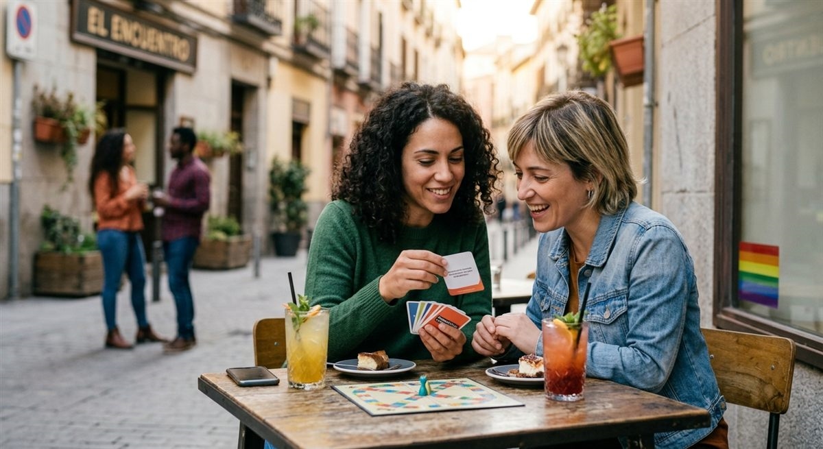 Dos mujeres riendo en una terraza en una primera cita