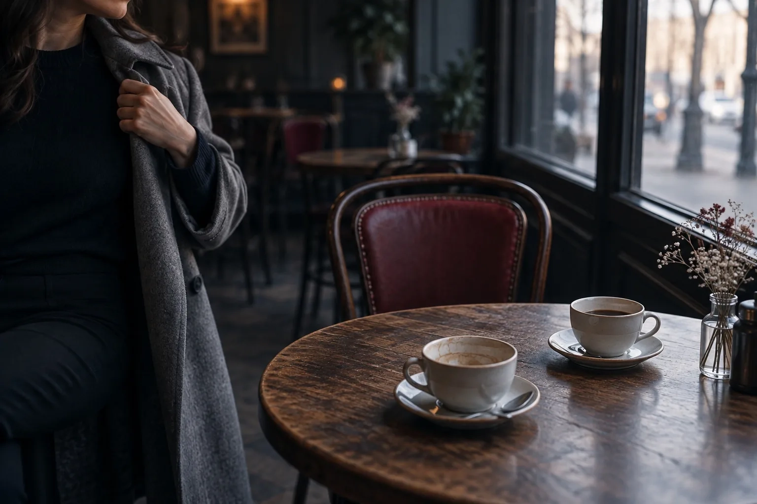 Mesa de cafetería a media mañana con dos tazas, una vacía y otra a medias, y una silla vacía enfrente
