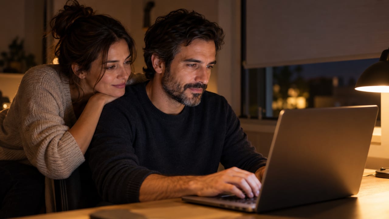 Una pareja revisa junta la pantalla de un portátil en el escritorio de su casa por la noche, con la lámpara encendida