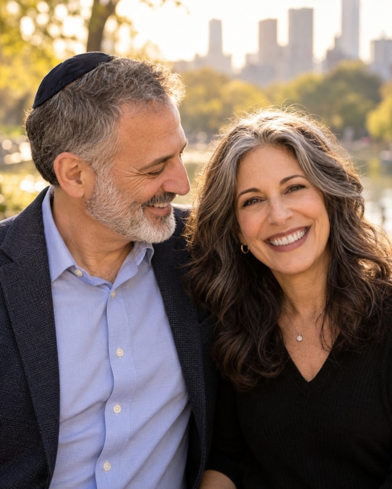 A smiling Jewish couple in their fifties, the man wearing a kippah, sitting close together in a sunny park