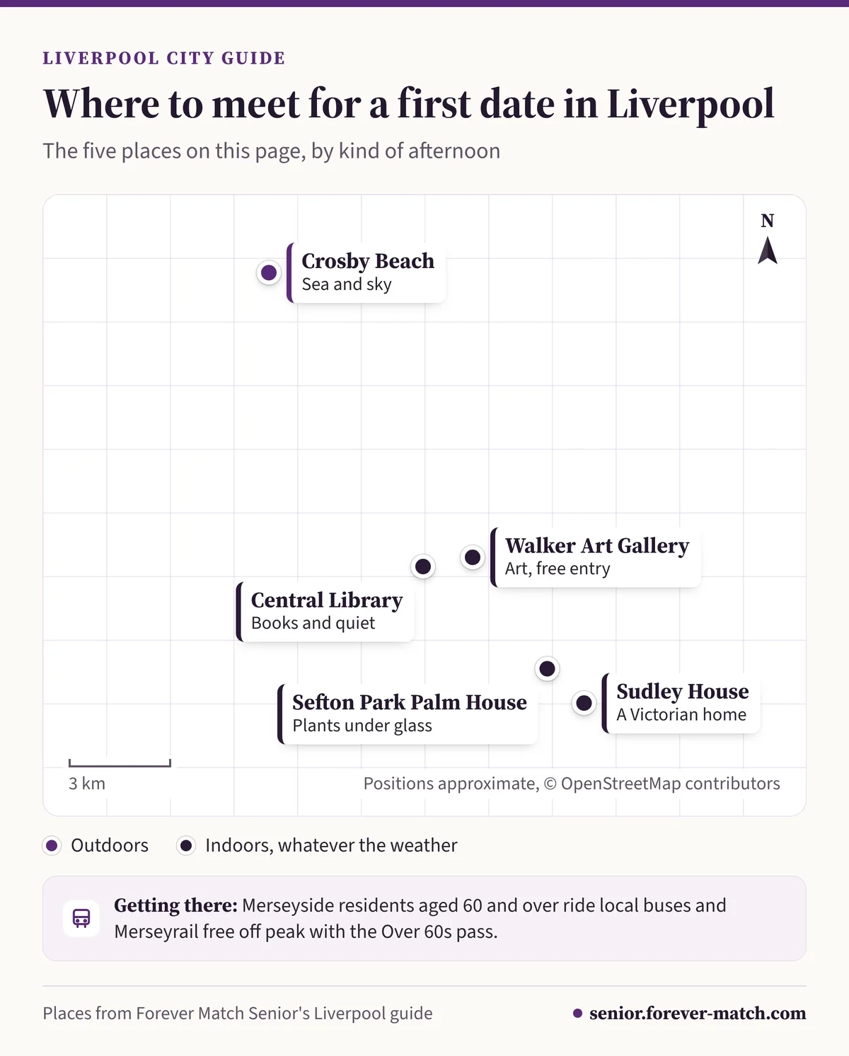 Map of first-date places in Liverpool: the Walker Art Gallery, Central Library, the Palm House, Sudley House and Crosby Beach