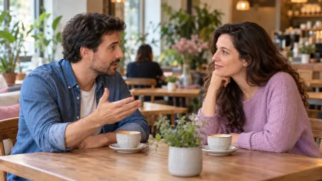 Dos personas adultas conversan con calma en la mesa de una cafetería luminosa