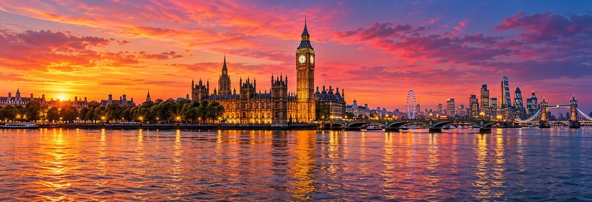 Panoramic view of London on the Thames at sunset