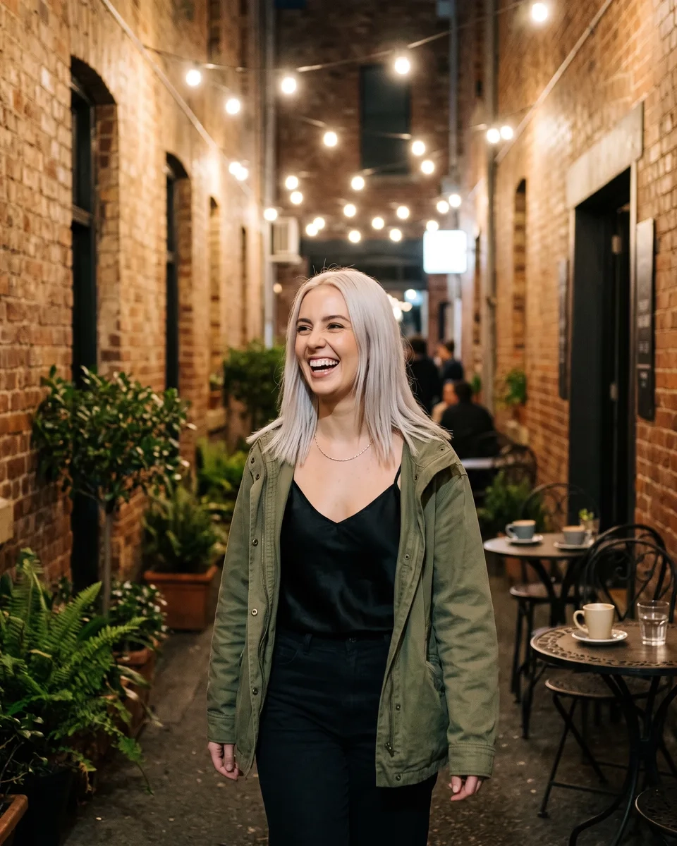 A woman with long platinum-blonde hair, a black satin camisole and an open oversized blazer glances back over her shoulder with a grin in a lit laneway in Adelaide at night (AI-generated image)