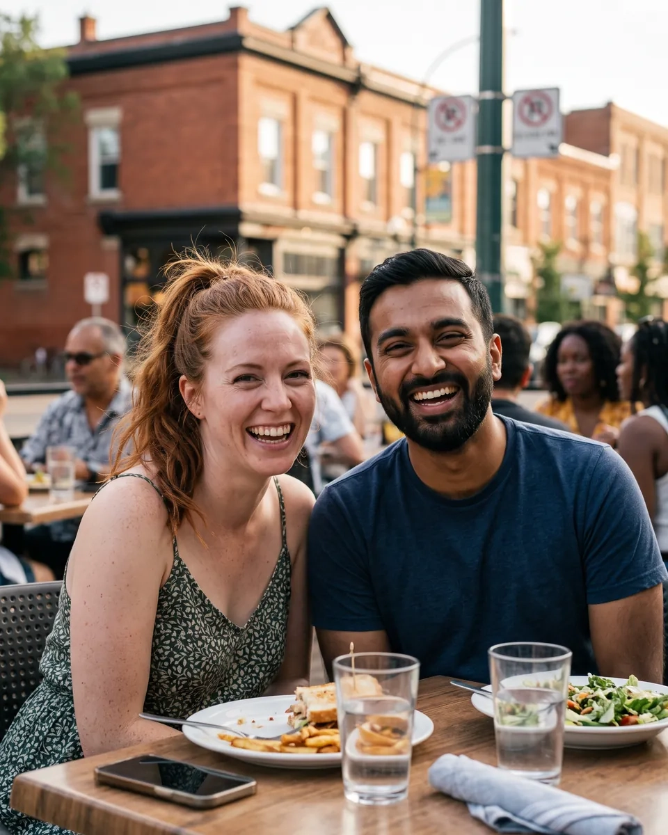 A laughing couple sharing food at a patio table among brick buildings on Edmonton's Whyte Avenue (AI-generated image)