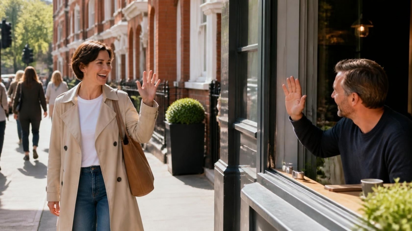 A woman waving hello to a man waiting at a café window