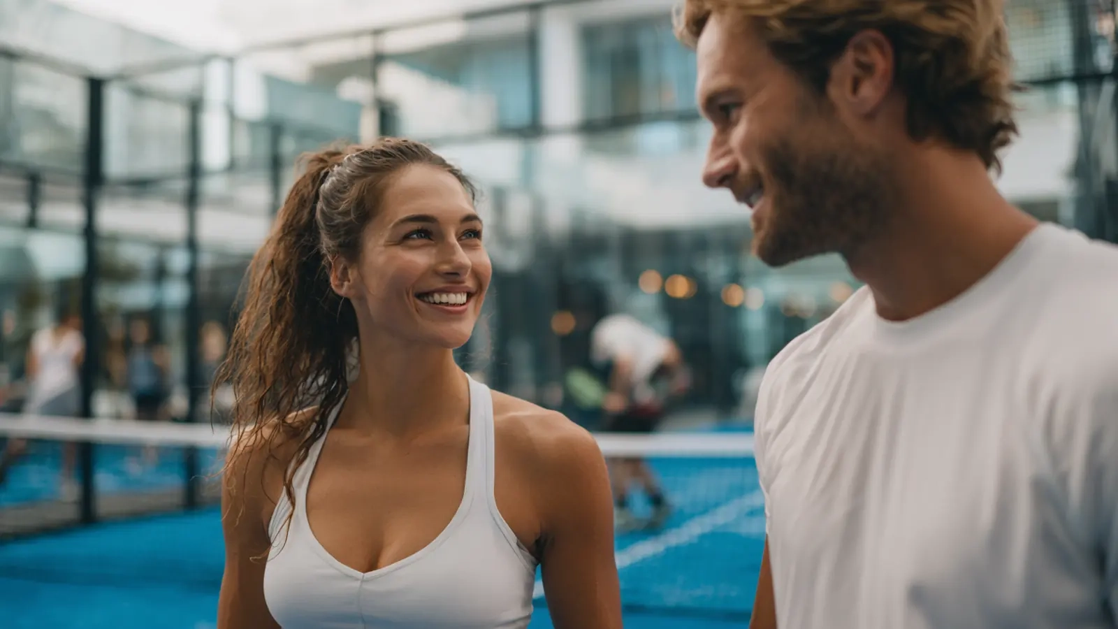 A smiling woman and man chatting courtside by the net on a blue court