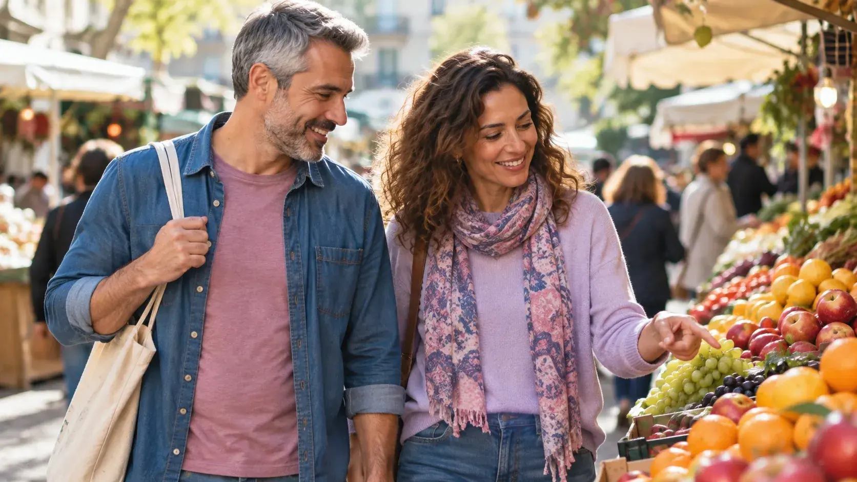Dos personas adultas pasean sonrientes por un mercado al aire libre mirando un puesto de fruta