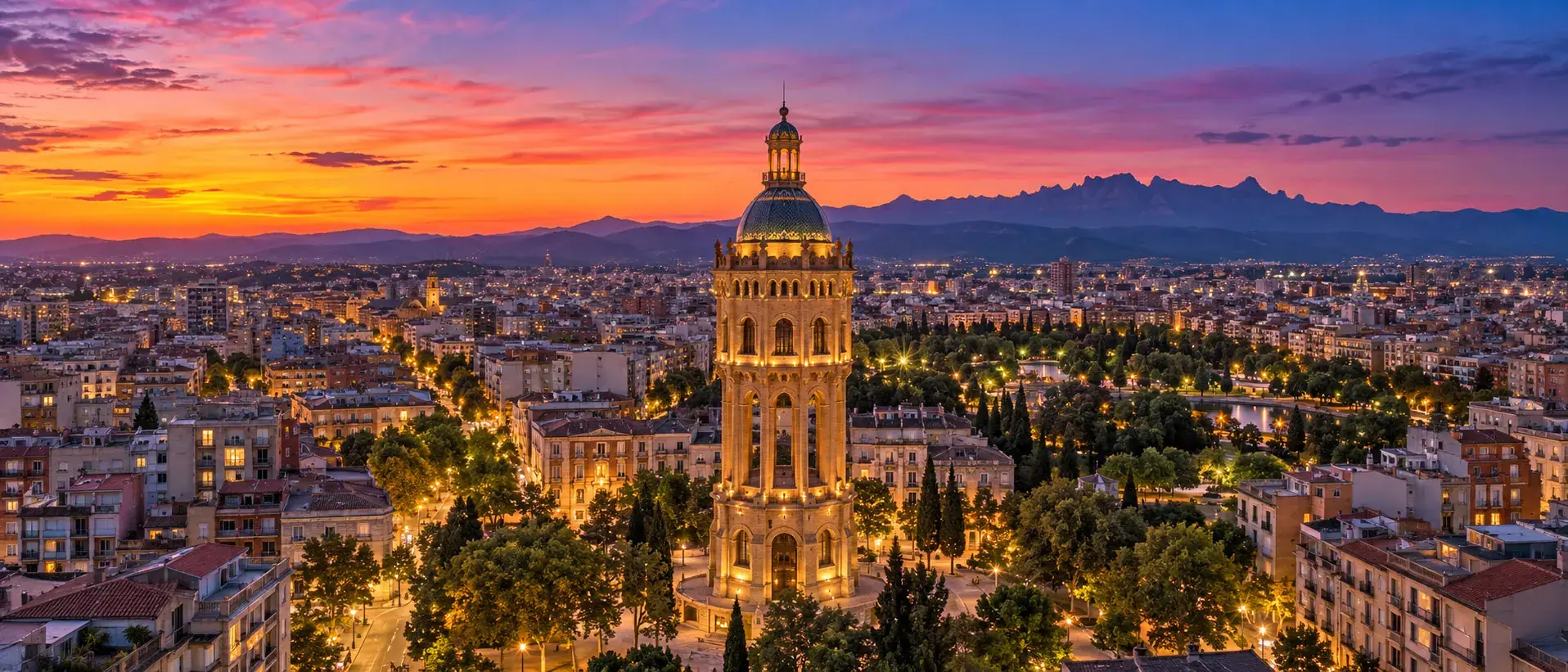 Sabadell al atardecer con la Torre de l'Aigua iluminada sobre los tejados y las montañas al fondo