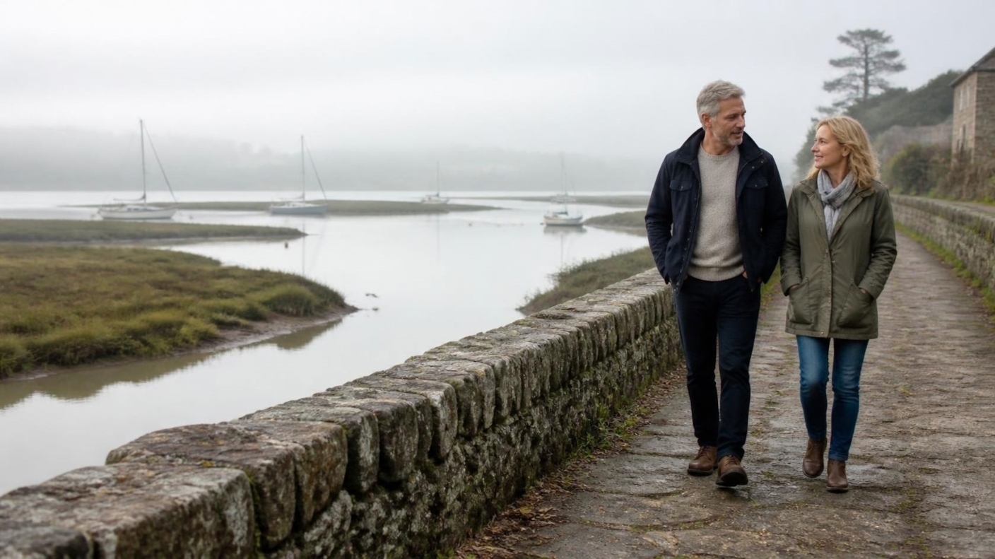A couple walking and talking along a sea wall beside the saltmarsh