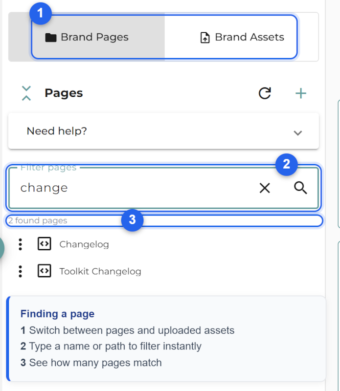 The page browser with the word change typed into the Filter pages box. The list has narrowed to two pages, Changelog and Toolkit Changelog, and a line above them reads 2 found pages. Callouts number the Brand Pages / Brand Assets toggle as 1, the filter box as 2, and the found-pages count as 3.