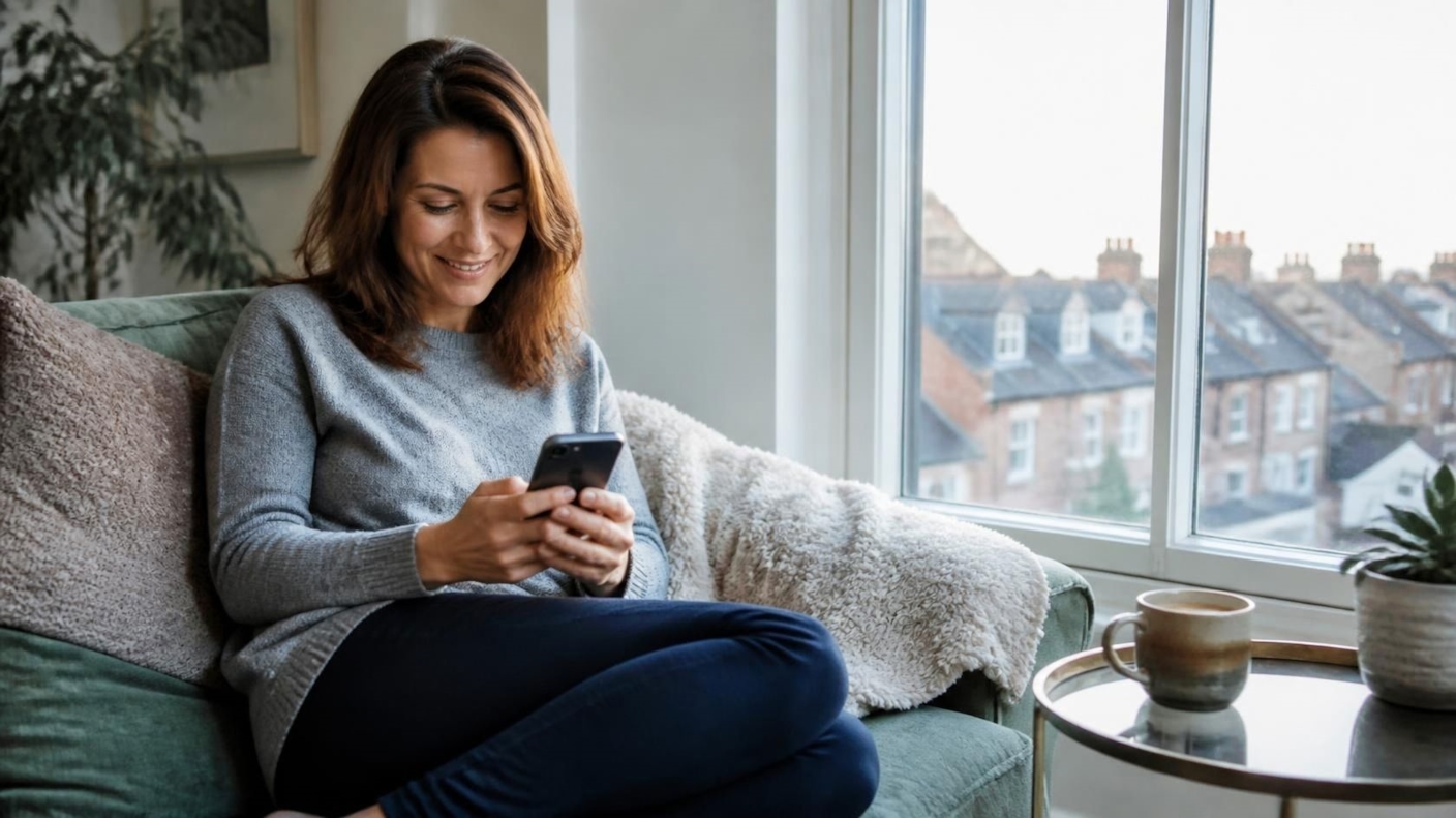 A woman smiling at her phone on a sofa by a bright window overlooking rooftops