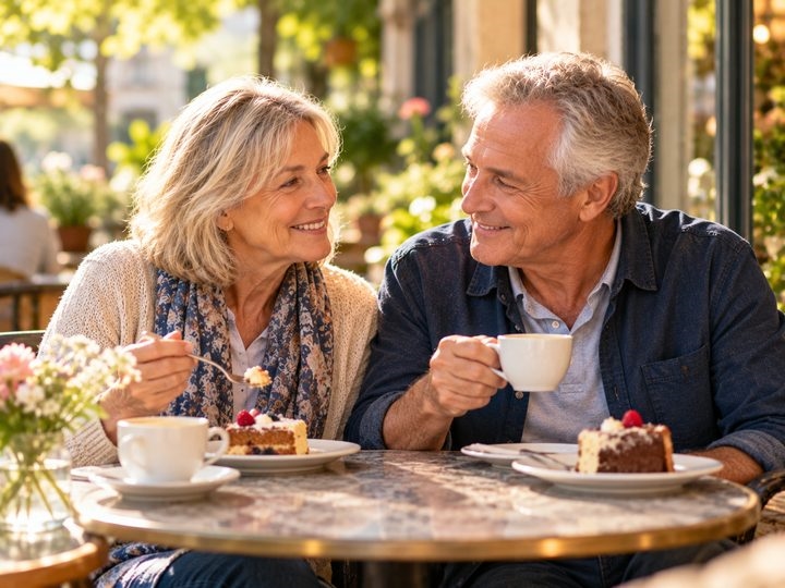 A couple enjoying coffee and cake at a café table