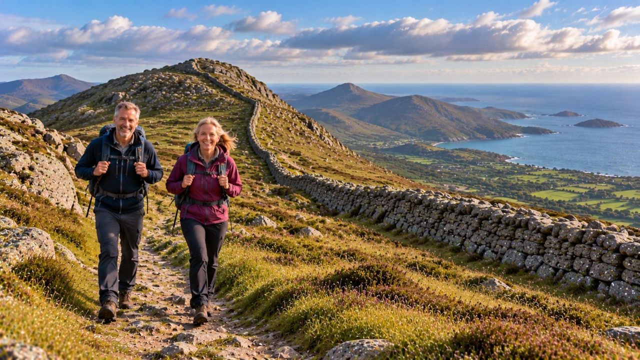 Two walkers on a footpath in the Mournes, Northern Ireland