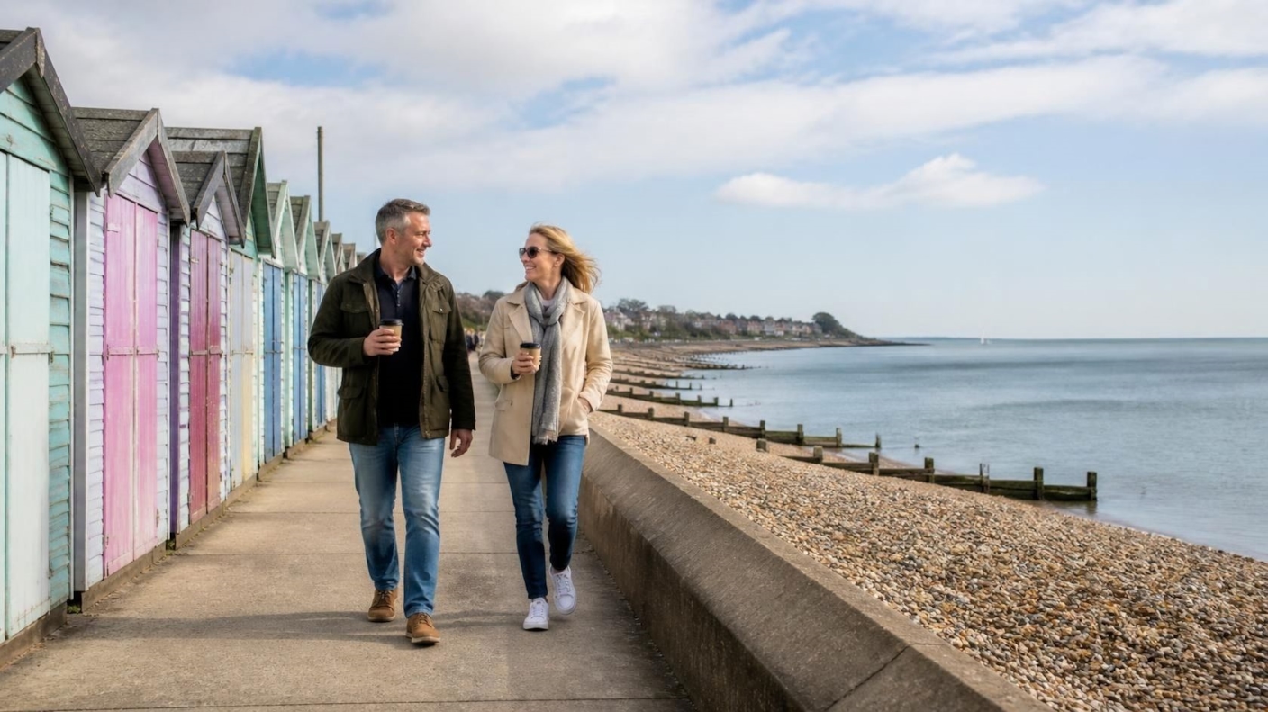 A couple strolling past colourful beach huts on Whitstable seafront