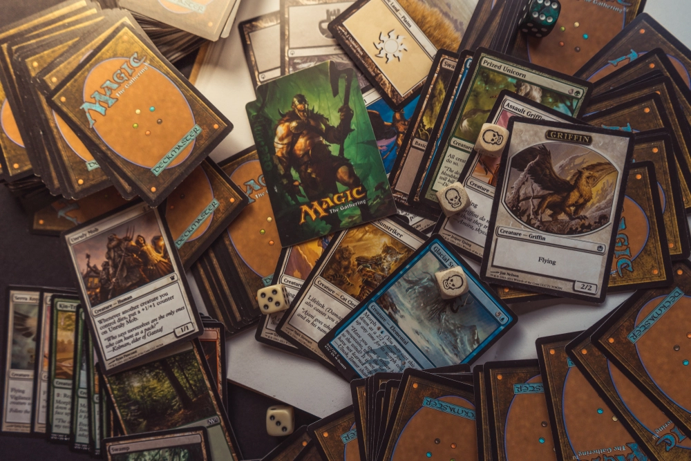 Trading card game players bonding over a match