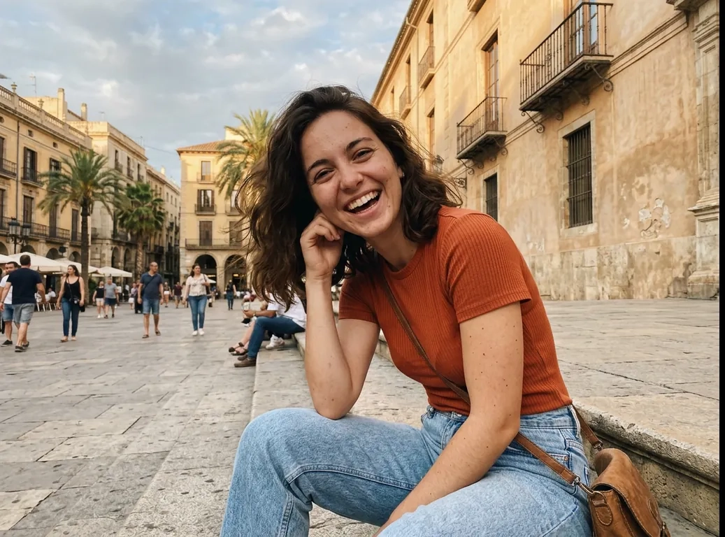 Una mujer joven con rizos oscuros y una camiseta terracota se ríe sentada en las escaleras de una plaza soleada de una ciudad española, con palmeras y edificios de piedra detrás (imagen generada por IA)
