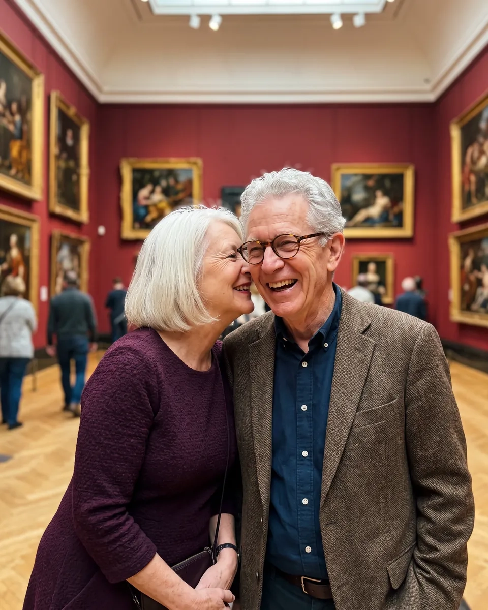 A woman in her late sixties with a white bob and a plum dress whispers to a laughing man in his early seventies with glasses and a tweed jacket in a red gallery room hung with gilt-framed paintings (AI-generated image)