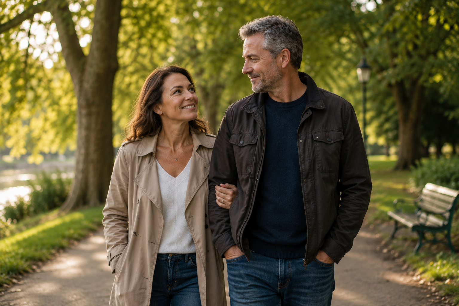 A couple walk arm in arm through a sunlit park, smiling warmly at each other