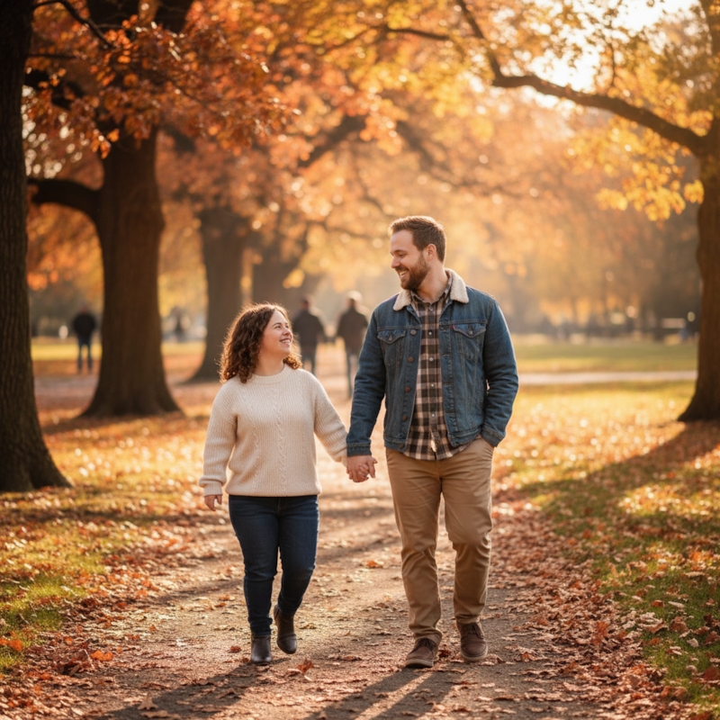 A happy couple walking together in a sunlit park, enjoying a relaxed and genuine conversation