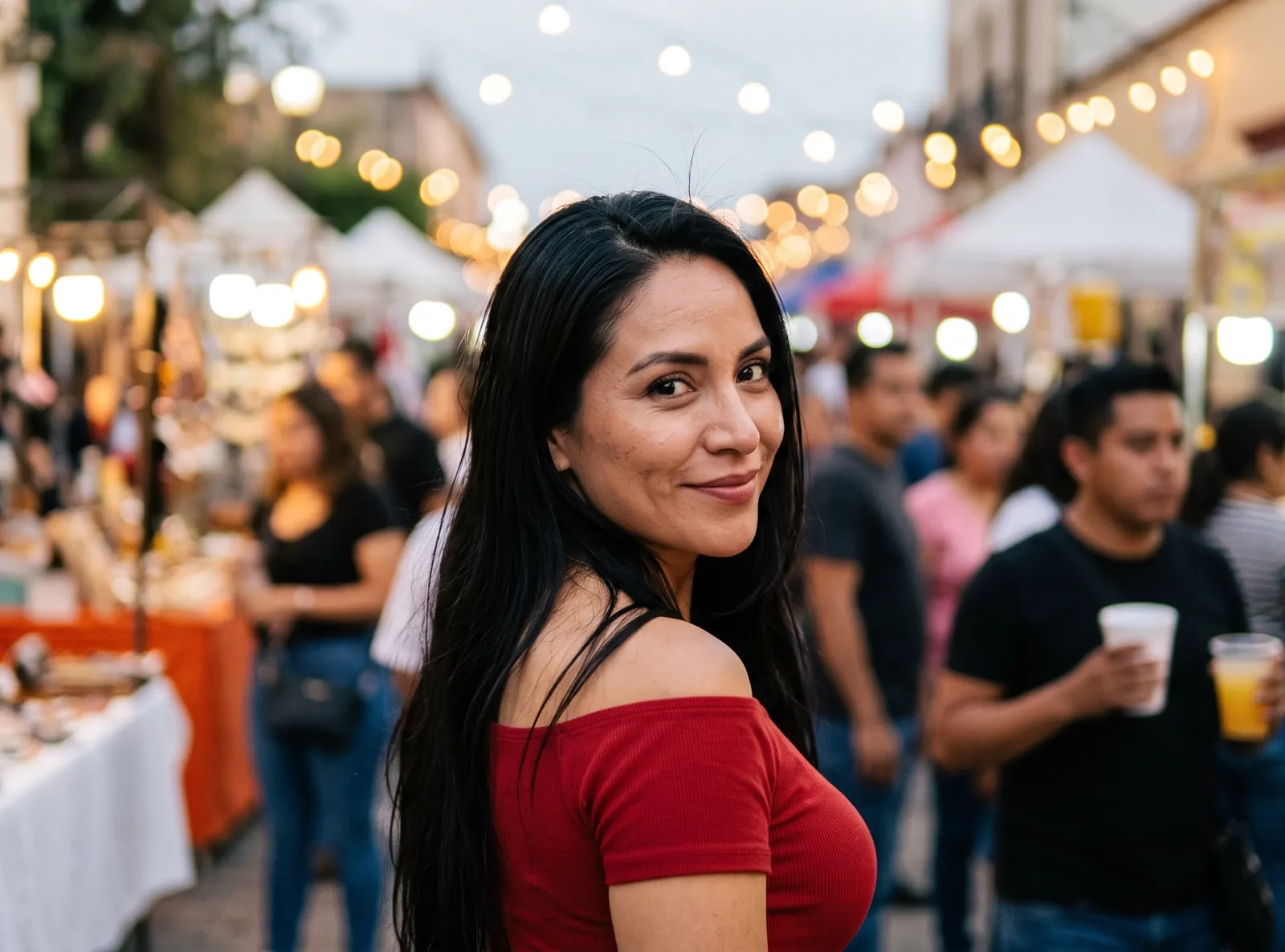 Una mujer de pelo largo oscuro y top rojo de hombros descubiertos mira por encima del hombro con una sonrisa coqueta en un mercado nocturno con guirnaldas de luces (imagen generada por IA)