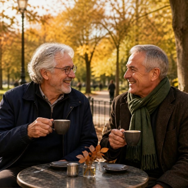 Two men sharing coffee at an outdoor table in a park in autumn, smiling at each other