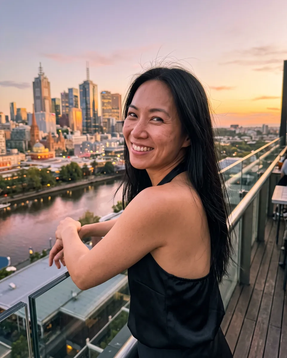 A woman with long black hair and a black satin halter top smiles over her shoulder from a rooftop terrace above Melbourne at sunset, the river and towers behind her (AI-generated image)