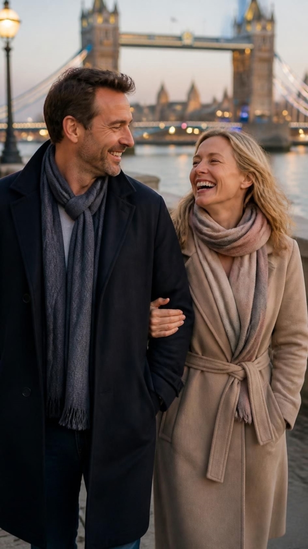 A happy couple laughing together by the Thames with Tower Bridge behind them