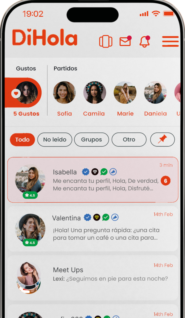 Pantalla de DiHola con la bandeja de mensajes y los matches